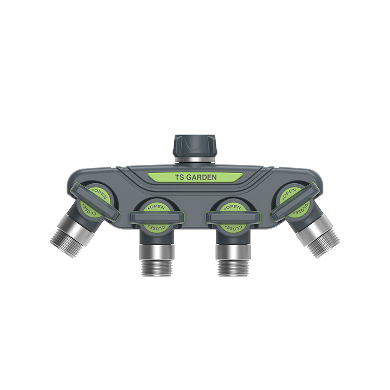 Metal four way connector with valve TS3056