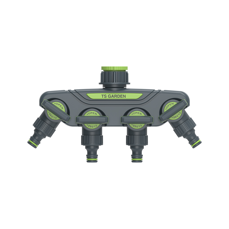 Plastic four way connector with valve TS3058