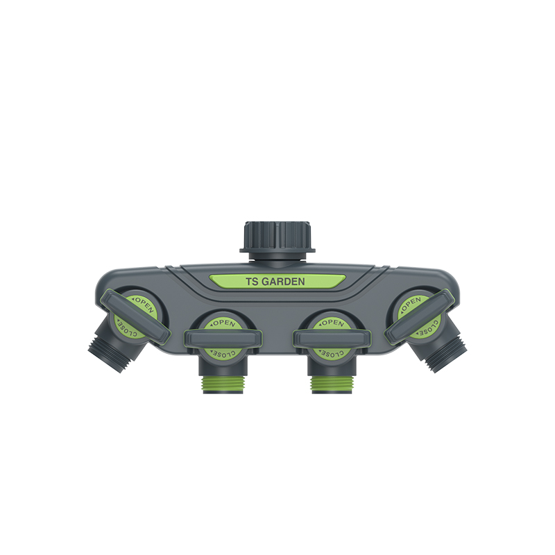 Plastic four way connector with valve TS3062